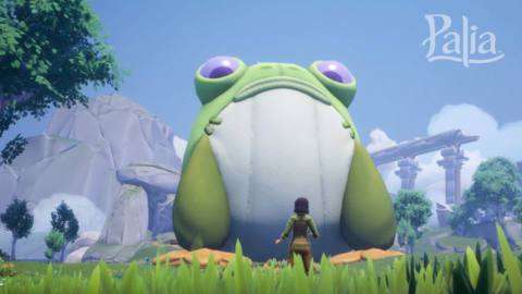 A player in Palia looks up in shock and awe at a massive frog plushy. The frog is very round, with purple eyes that appear to be gazing down benevolently at its subject.