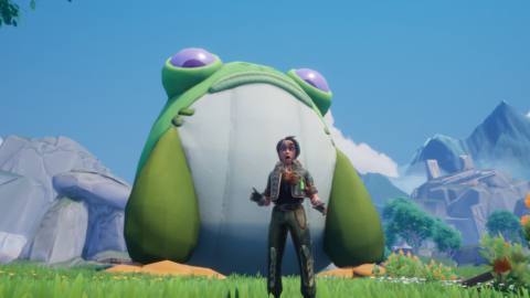 Palia - a giant frog plush looms over a player looking up at it