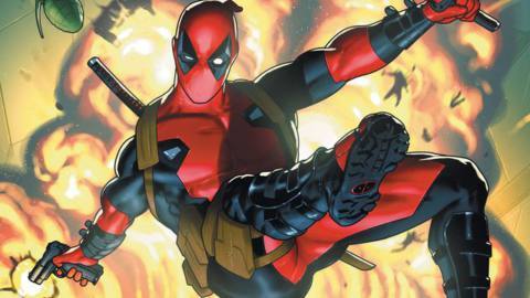 Deadpool leaps through an explosion brandishing a gun in one hand and a katana in the other on the cover of Deadpool #1 (2024).