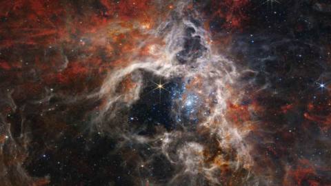 The Tarantula Nebula, featuring a bright star at the center of nebulous clouds, photographed by the James Webb Space Telescope