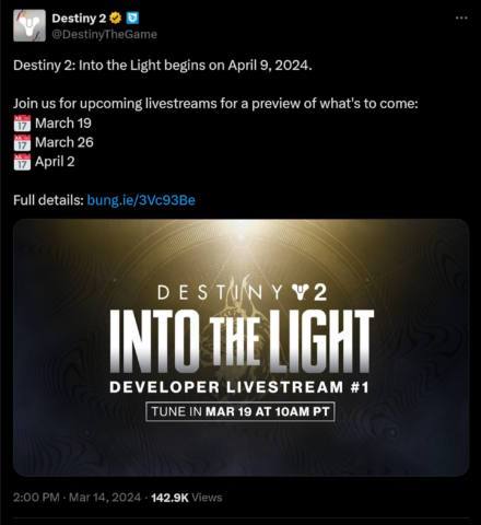 Destiny 2: Into the Light begins on April 9, 2024. Join us for upcoming livestreams for a preview of what's to come: 📅 March 19 📅 March 26 📅 April 2 Full details: http://bung.ie/3Vc93Be