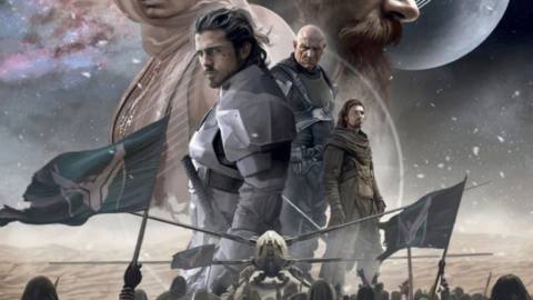 Cover art for the Dune TTRPG shows a warrior in Atreides armor with a Harkonnen looming behind him. An ornithopter is parked in the foreground.