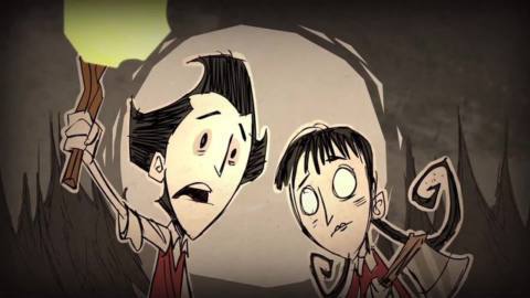 An image of two characters in Don’t Starve Together. One is holding a torch and the other has big empty eyes. They both look horrified of whatever is in front of them. 