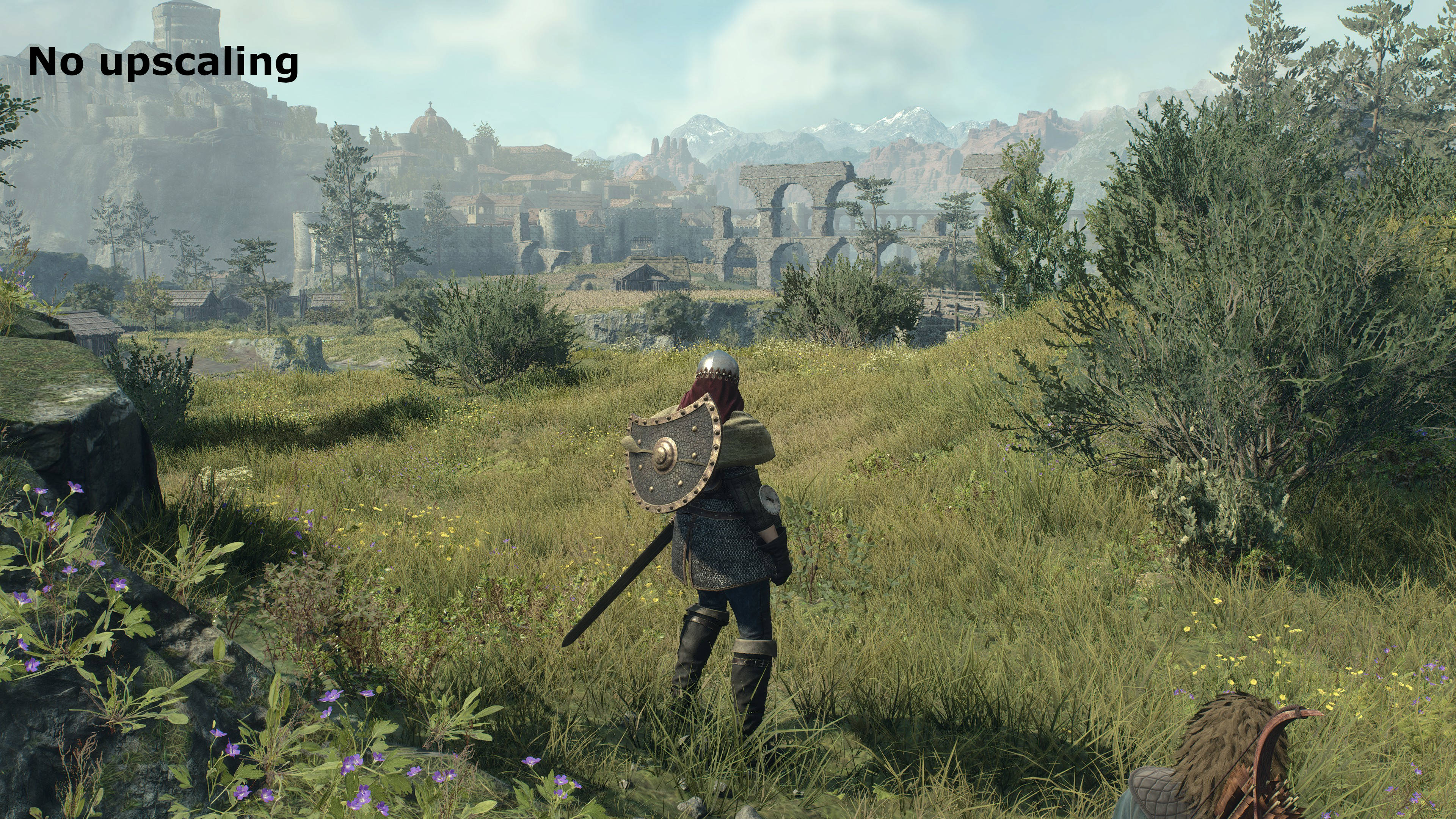 Screenshots of Dragon's Dogma 2, showing an open world view, with a buildings and mountains in the distance