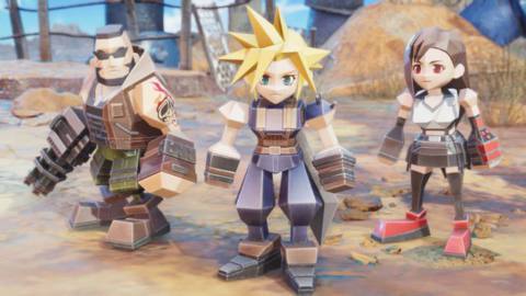 A polygonal, chibi-style Cloud, TIfa, and Barret in the Fort Condor minigame from Final Fantasy 7 Rebirth
