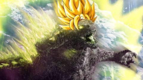 A roaring, glowing-eyed Godzilla with a big blonde super saiyan Dragon Ball style haircut