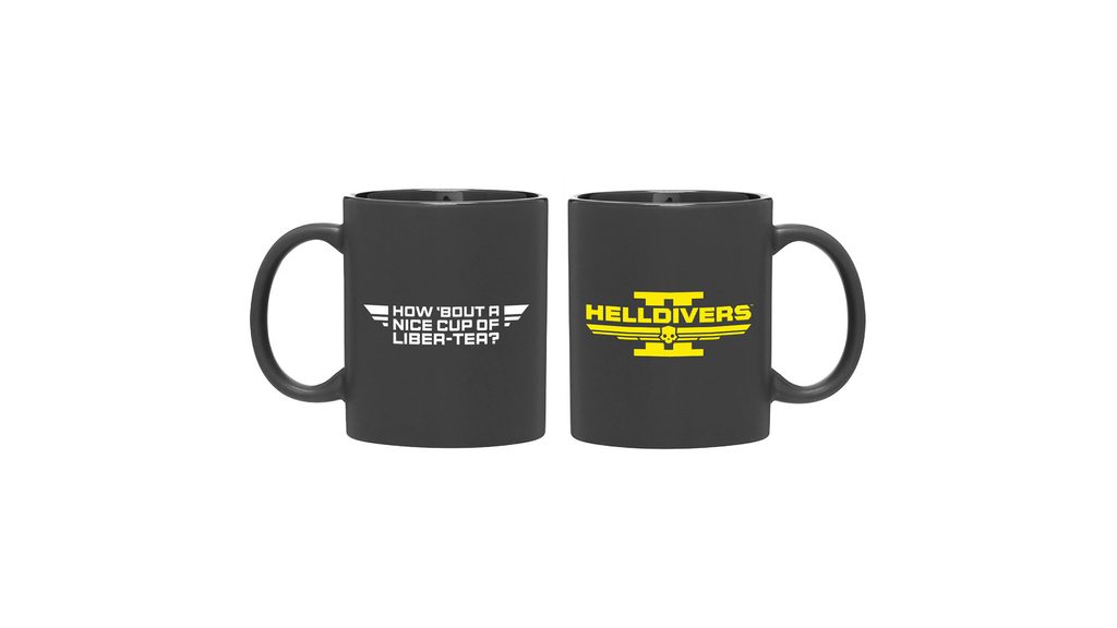 A black cup. One one side is the Helldivers 2 logo in yellow. On the other, white text that reads: ‘How about a nice cup of liber-tea