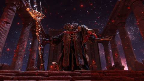 A screenshot of Mohg, Lord of Blood in his mausoleum as he is about to attack the player in Elden Ring