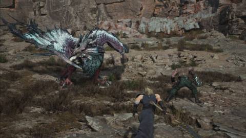 Cloud and Barret approach a Quetzalcoatl in FF7 Rebirth