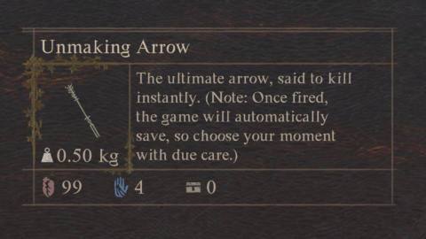A Dragon's Dogma 2 screenshot of the Unmaking Arrow item description