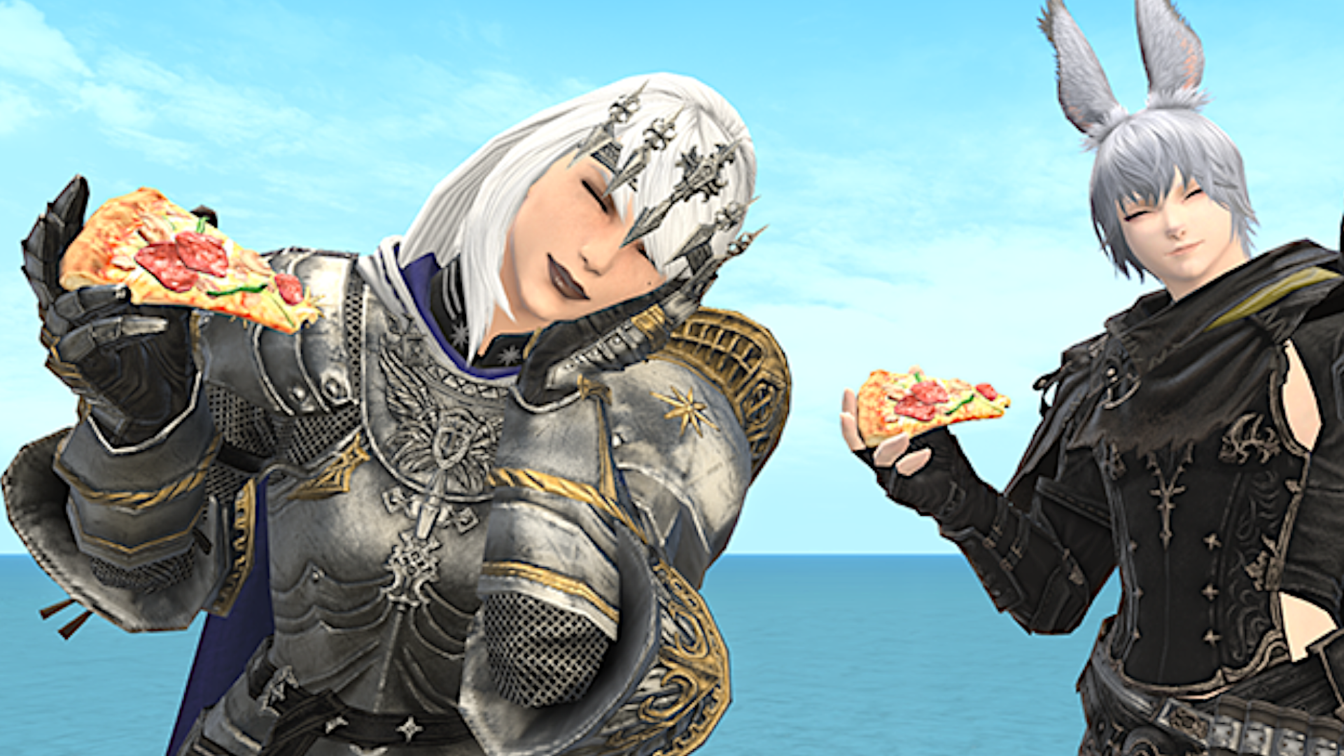 An image of two characters from Final Fantasy 14 eating pizza, and looking very pleased about it.