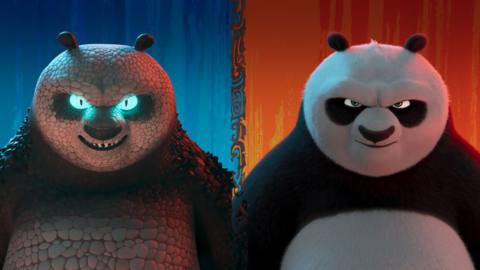 A scaly panda with glowing blue eyes on a blue background juxtaposed next to a regular-looking Po the panda on a red background, both ready to throw down