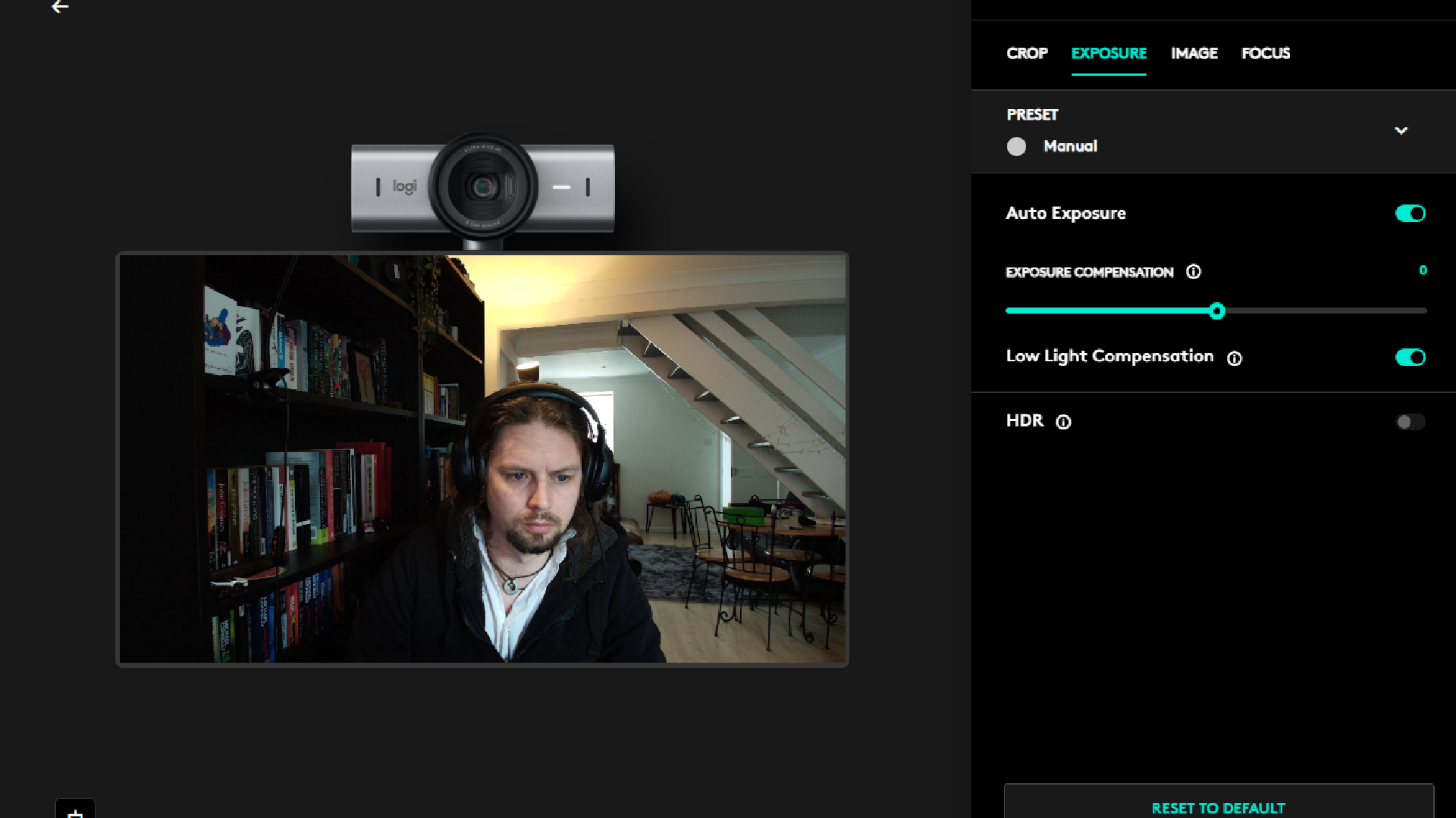 The Logi Options+ menu for the Logitech MX Brio webcam, with HDR disabled