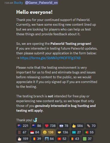 Palworld is looking for beta testers for future updates, but warns that tests are ‘not intended for free play or experiencing new content early’