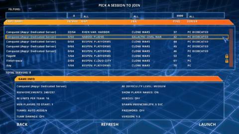 A server browser for Battlefront 1 in Aspyr's Classic Collection, showing 5 dedicated servers.