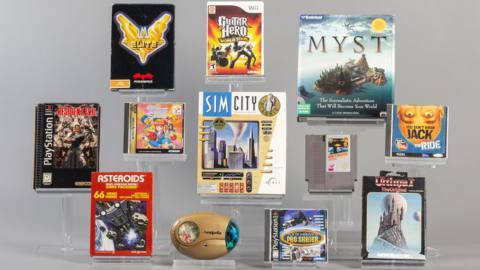 A group photograph of the video games nominated for entry into the Video Game Hall of Fame in 2024, including Myst, Neopets, and Guitar Hero.