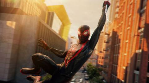Miles Morales swings through Brooklyn in his classic black and red costume in Marvel’s Spider-Man 2
