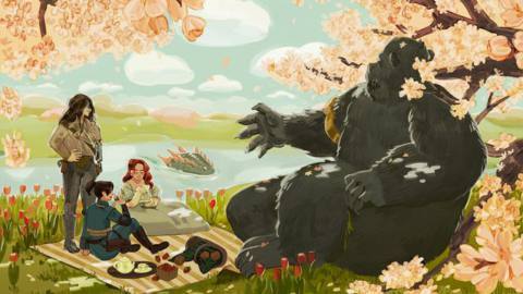 An original illustration shows characters from Fallout, Bridgerton, and others relaxing on the grass by a lake.
