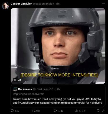 Starship Troopers star Casper Van Dien is ready to do his part for Helldivers 2