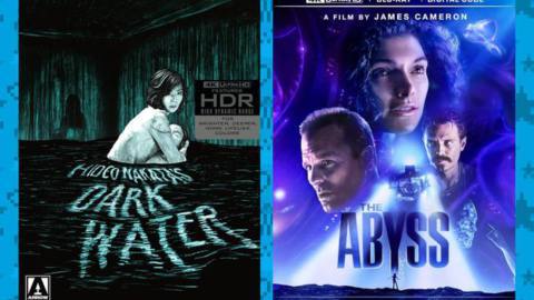 The box covers for Dark Water and the Abyss feature their casts in terrifying water.
