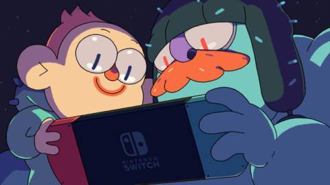Grindstone characters looking lovingly at a Nintendo Switch