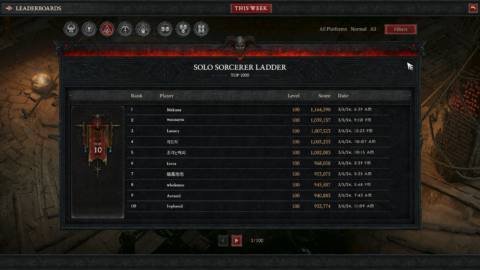 Diablo 4 screenshot of The Gauntlet leaderboards for sorcerers