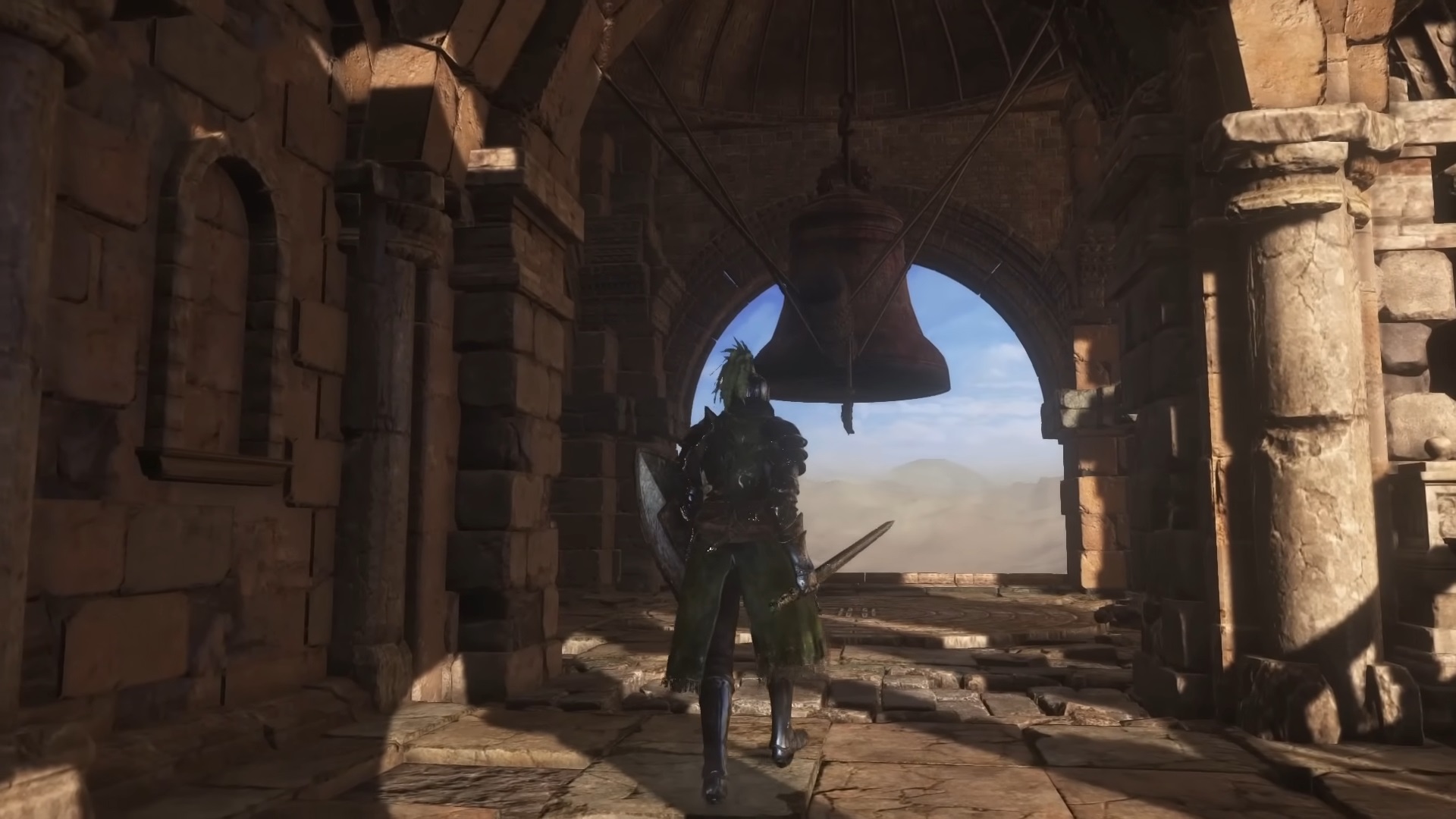 Knight approaching bell in tower over desert