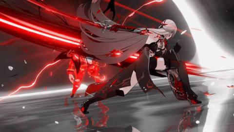 Acheron in Honkai: Star Rail slashes through an enemy while glowing red with white hair