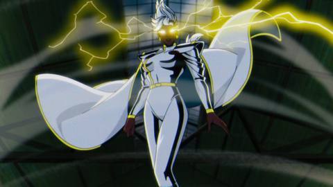 Storm covers in the air in a warehouse, lightning crackling from her eyes and her white cape billowing in X-Men ’97. 