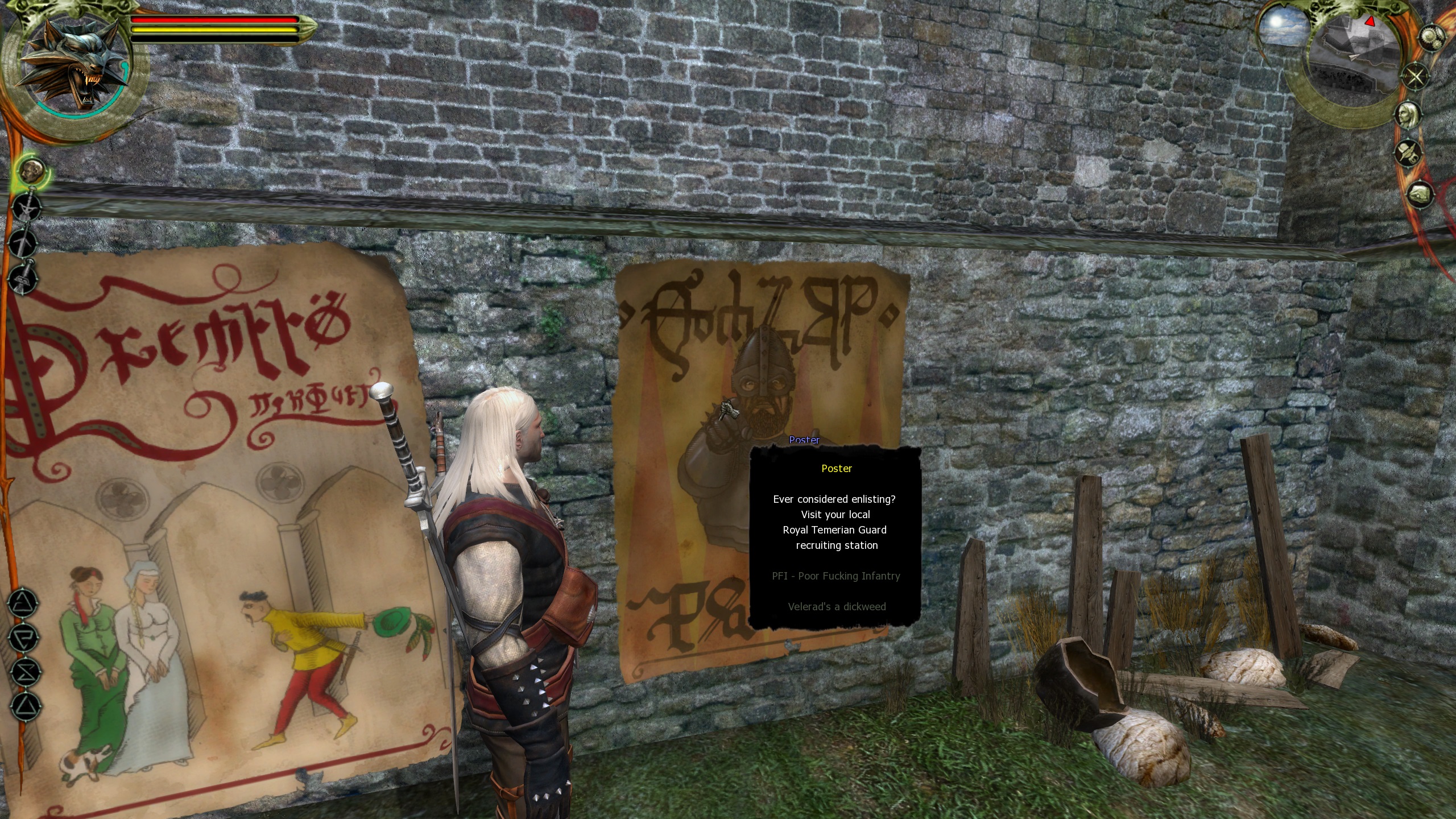 Geralt looking at a Temarian recruitment poster