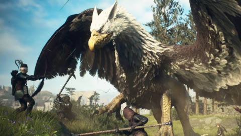 A Dragon's Dogma 2 party fights off again'st a griffin atop a grassy hill
