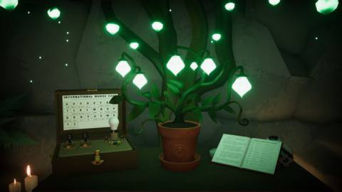 A glowing plant growing in a cave in Botany Manor. Next to it is a morse code guide.