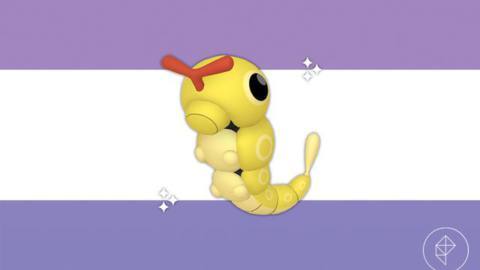 Shiny Caterpie in a purple gradient background