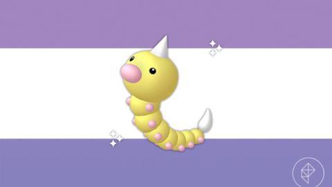 A Shiny Weedle on a purple gradient background
