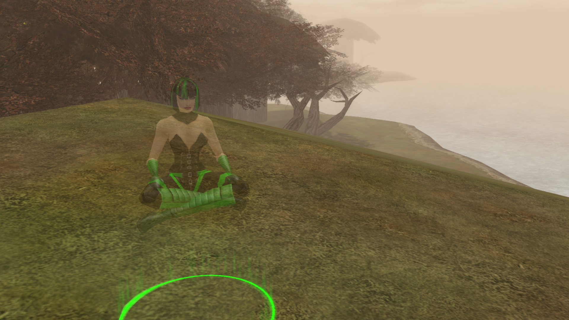 War Witch, a character from City of Heroes, rests floating in the magical woods of Croatoa.