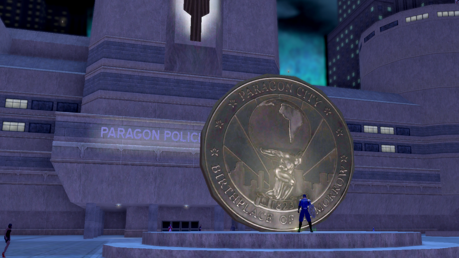An image of the coin in City of Heroes' Kings Row, a large monument in front of a police precinct.