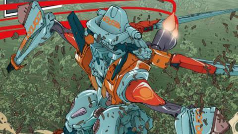 A sleek, turquoise colored robot with red and orange shoulder blades sliding through a forest in Dawnrunner #1.