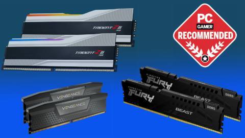 An image of the best DDR5 RAM for gaming 2022 on a blue background with a PC Gamer recommended badge.
