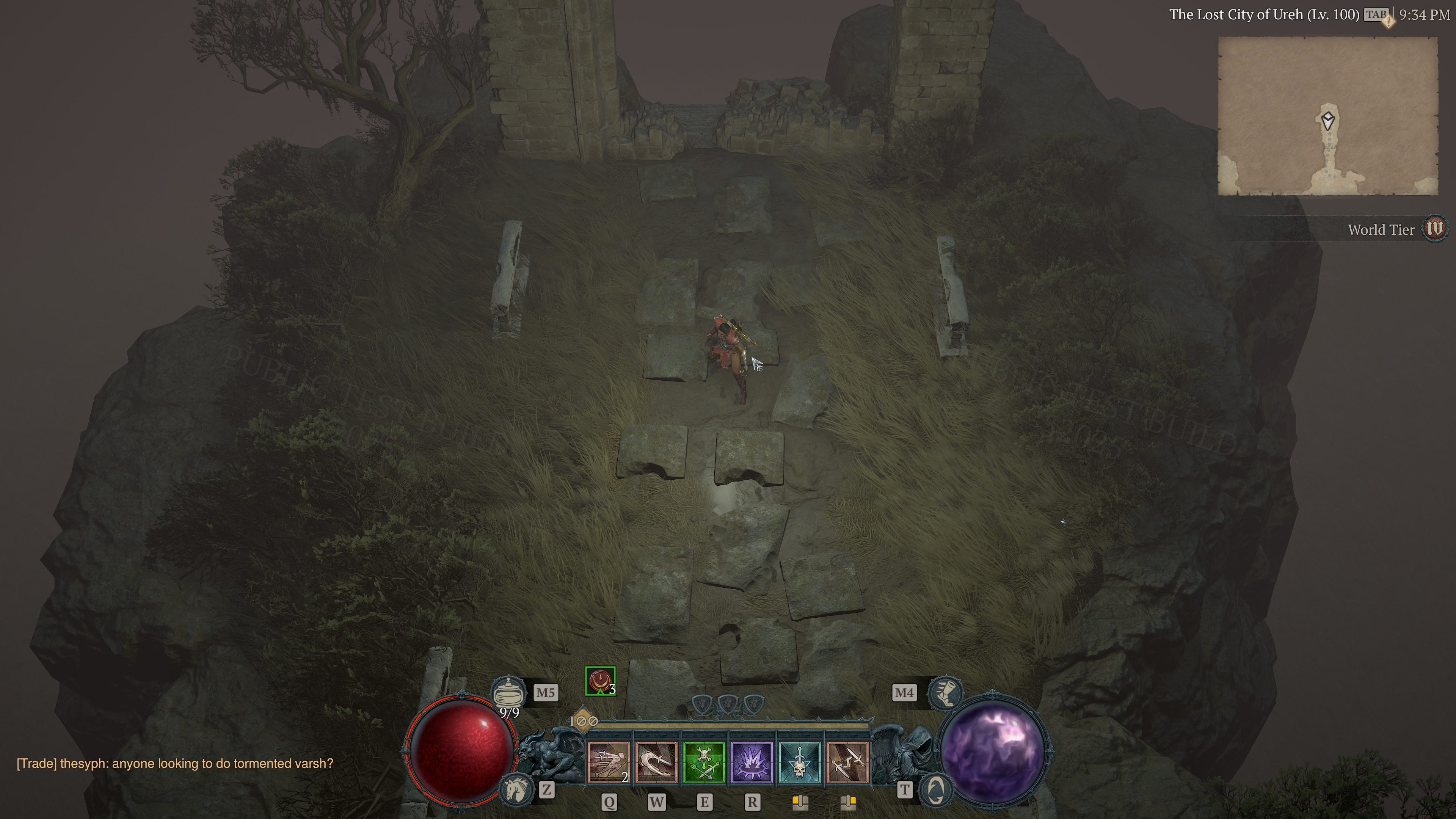 Diablo 4 screenshot of a rogue standing on a stone path near the Lost City of Ureh.