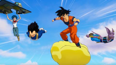 Dragon Ball characters flying through the sky