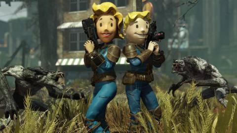 Two Vault Dwellers, wearing Vault Boy and Vault Girl heads, pose with guns at the ready as two mutant monsters approach them in a screenshot from Fallout 76