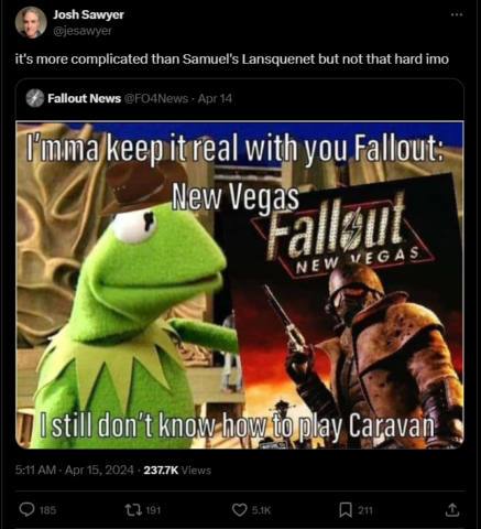 Fallout New Vegas director Josh Sawyer says its gruelling card game is actually ‘not that hard’ and you cowards need to ‘try again’