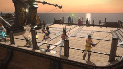 Several FFXIV characters stand on a boat while fishing