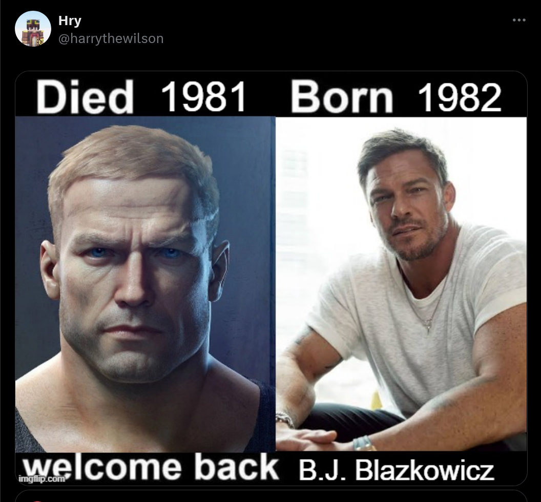 Tweet with side-by-side images of BJ Blazkowciz and Alan Ritchson - 