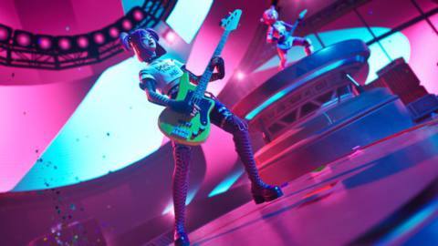 An image of a Fortnite character playing a guitar on stage in Fortnite Festival. 