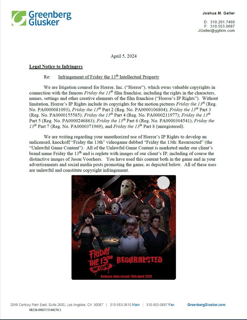 Friday the 13: The Game - Resurrection cease and desist letter page 1