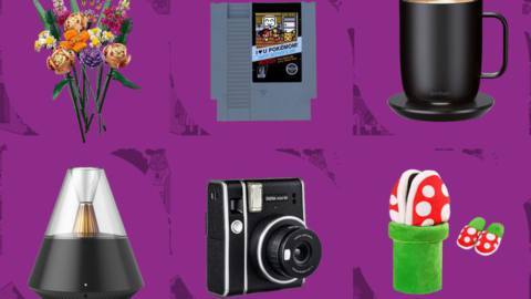 Stock photos of products features in Polygon’s Mother’s Day Gift Guide on top of a purple background
