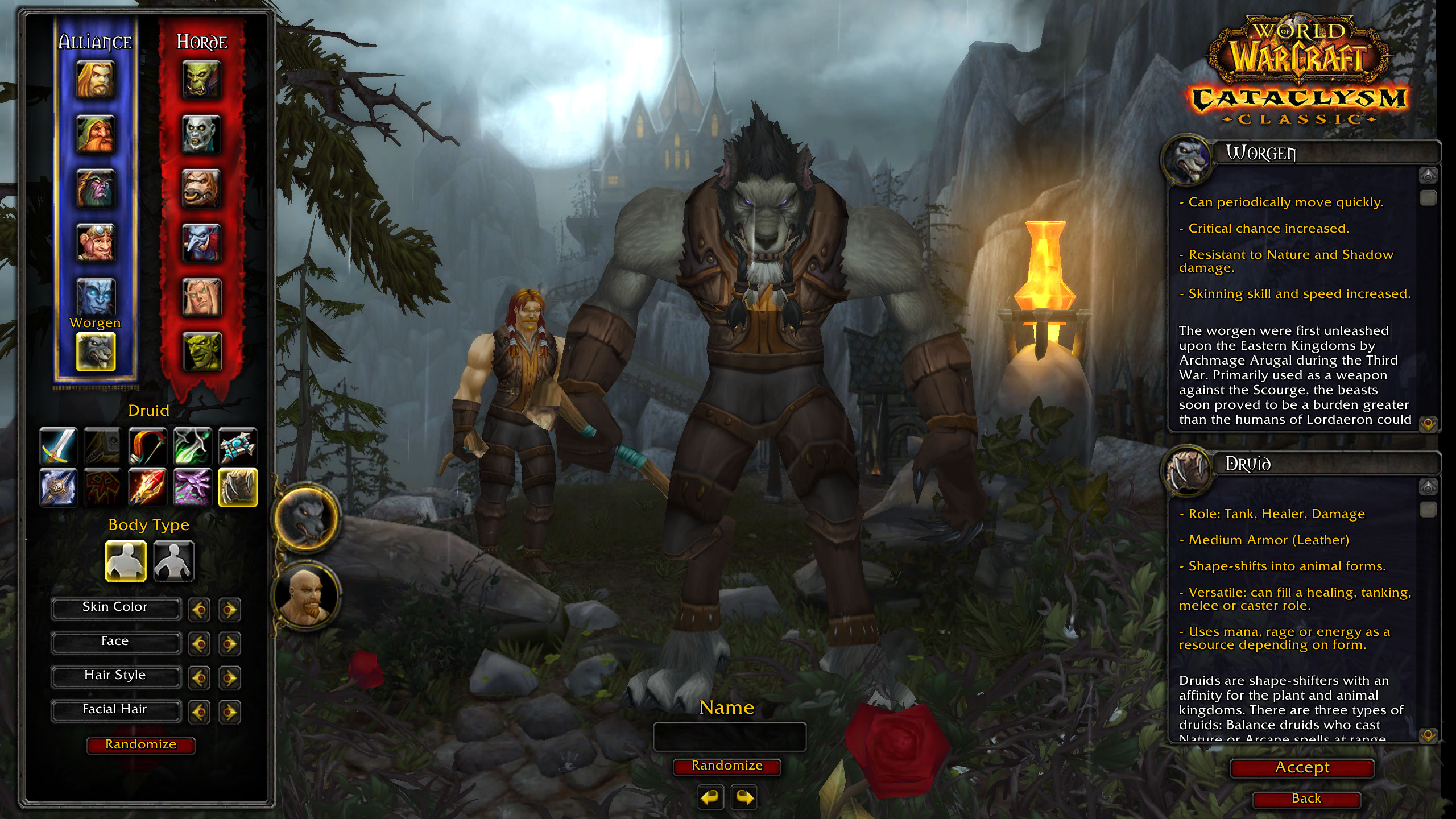WoW Cataclysm worgen classes - the worgen character creation screen