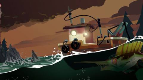 Artwork from Dredge, featuring a fishing boat on rough, dark waters, with a horrifying fishing lurking below the surface and a lighthouse on the horizon