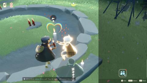 Sky: Children of the Light - a player kneels to offer a candle of friendship to another